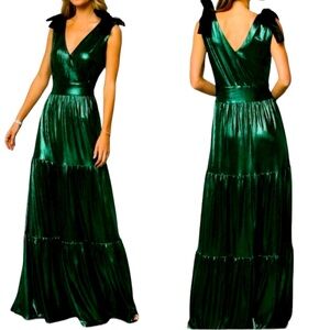 Baltic Born Emerald Dress with Black Velvet Bow at Shoulders